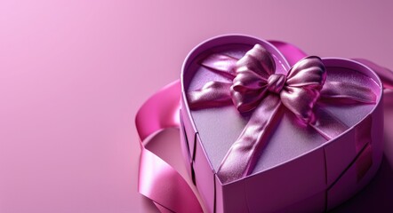 Wall Mural - Romantic Pink Gift Box with Heart-Shaped Bow on Purple Background