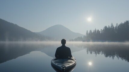 Wall Mural - Solitary kayaker on calm lake at sunrise, mountains in background.