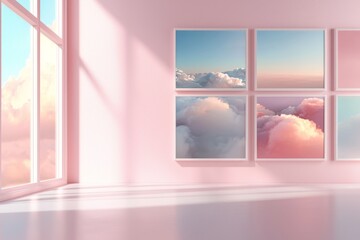 Wall Mural - bright and airy interior space with soft cloud art on wall and large windows allowing natural light 