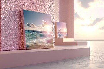 Wall Mural - bright and dreamy ocean artwork displayed on elegant pink stand with soft sunset reflections and gen