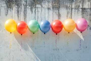 Wall Mural - Colorful balloons on a weathered wall create a playful atmosphere in bright daylight