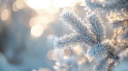 Wall Mural - winter christmas background with pine branches in hoarfrost and bokeh