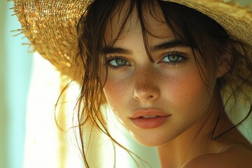 Wall Mural - Young woman with freckles and green eyes wearing a straw hat indoors during a sunny day