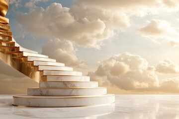 Wall Mural - elegant marble staircase with golden rails leading towards a dreamy sky filled with soft clouds at s