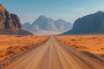 Wall Mural - Breathtaking view of a winding desert road in a vast landscape under a bright blue sky