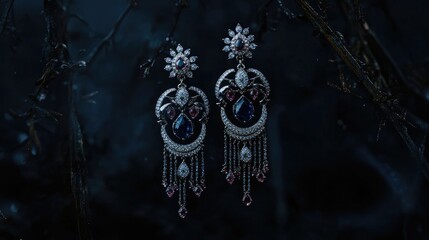Wall Mural - Elegant Vintage Earrings with Gemstone Detailing in Dark Setting