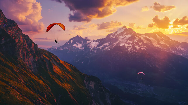 Thrilling paragliding adventure over majestic mountain peaks at sunset