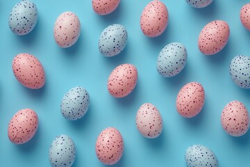 Poster - Colorful speckled eggs scattered on blue background with pastel confetti for festive celebration