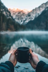 Poster - Enjoying a warm cup of coffee by the tranquil lake at dawn in the mountains