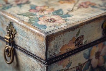 Close-up of an antique wooden box adorned with delicate floral hand-painted designs and antique brass hardware.