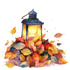 Canvas Print - A watercolor vector of a lantern glowing warmly beside a pile of colorful leaves, isolated on a white background. Autumn vector.
