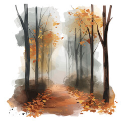 Sticker - A watercolor drawing of a misty autumn morning with a walking path covered in fallen leaves, isolated on a white background. Autumn path vector.
