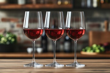 Wall Mural - Elegant red wine glasses lined up on a wooden table with a warm background