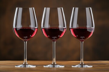 Wall Mural - Elegant red wine glasses lined up on a wooden table with a warm background