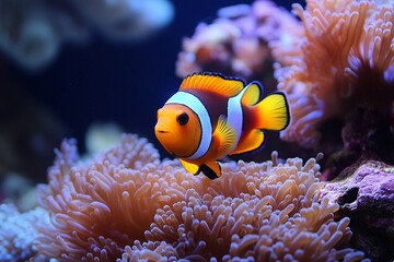 Wall Mural - Clownfish navigates through colorful coral, showcasing its bright patterns in a lively underwater environment teeming with life. Generative AI