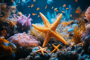 Wall Mural - Bright orange starfish rests on coral while colorful fish swim among soft corals in a lively underwater habitat. Generative AI