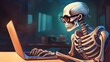 © Skoles - Programmer at the computer, bones and skull. Skeleton in glasses sits at the laptop, close-up.