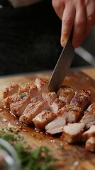 Sticker - Hand slicing freshly cooked meat on a wooden cutting board with herbs and tomatoes nearby