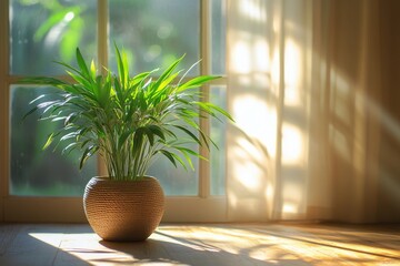 Wall Mural - Indoor plant in sunlight with gentle rays illuminating a cozy room ambience