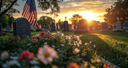 Sticker - Sunset over peaceful cemetery with flags and flowers during summer evening