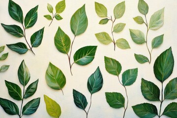 Wall Mural - Variety of leaves displayed on a light background showcasing different shades and shapes