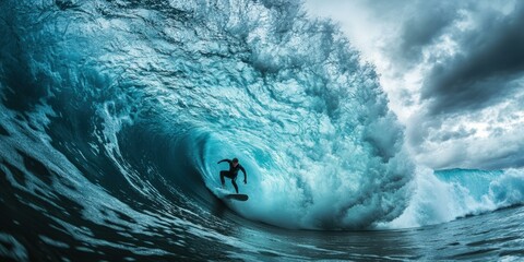 Canvas Print - Surfer inside a massive wave. AI.