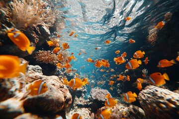 Wall Mural - Bright orange fish glide through crystal clear waters, surrounded by vibrant coral reefs and marine life under the sun. Generative AI