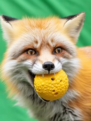 Canvas Print - Red fox playfully holding a yellow ball. AI.