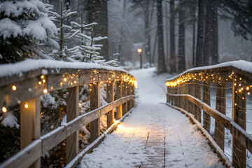 Poster - snow-covered bridge with Christmas lights draped along its sides, leading to a softly lit path in the distance, all set in a serene winter landscape.