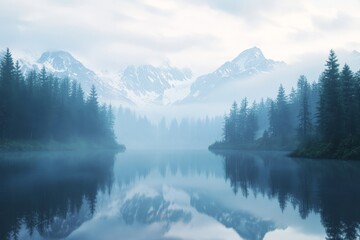 Wall Mural - A serene lake surrounded by misty snow capped mountains and lush pine forests evoking fantasy