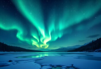 bright green northern lights dance over frozen arctic lake at night. amazing aurora borealis reflect