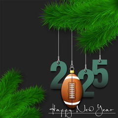 Wall Mural - Happy New Year. Numbers 2025 and football ball as a Christmas decorations hanging on a Christmas tree branch. Design pattern for greeting card, banner, poster, flyer, invitation. Vector illustration