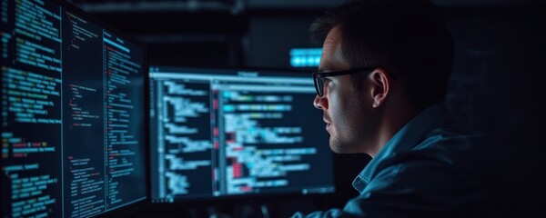 focused engineer meticulously programs carbon capture software. complex code lines illuminate multip