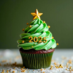 Wall Mural - christmas cupcake with green frosting and 2025 numbers