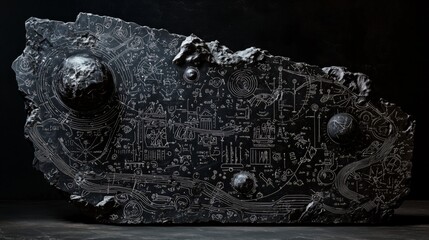 Wall Mural - cosmic script: an abstract sculpture on dark background, resembling a fragment of a celestial body, 