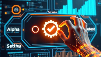 Futuristic interface shows software development lifecycle. Hand interacts with glowing digital elements. Alpha, beta testing phases. Release phase highlighted. Dynamic interface displays data,
