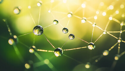 A close-up photograph of a delicate spider web glistening with dewdrops. Each drop refracts the light, creating a mesmerizing display of colors and textures