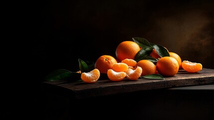 Wall Mural - Still Life Photography: Juicy Mandarin Oranges on Rustic Wooden Board