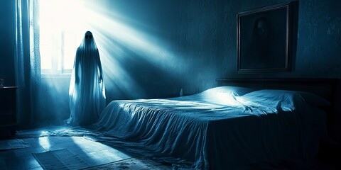 Wall Mural - Horror silhouette in window with curtain inside bedroom at night. Horror scene. Halloween concept. Blurred silhouette of ghost
