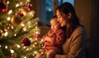 © Makaron - A warm and tender moment between a mother and her baby by a beautifully decorated Christmas tree, perfect for holiday marketing or family-related content.