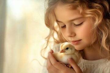 Wall Mural - A Young Girl Gently Cradles a Cute Chick in Her Tiny Arms, Embracing the Pure Joy and Delight of the Vibrant Easter Celebration with Love and Innocence During This Wonderful Season of Spring