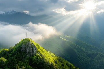 Wall Mural - A breathtaking and dramatic sunrise over the majestic mountains serves as a powerful symbol of hope and renewal, marking the profound Easter celebration that resonates deeply within our hearts