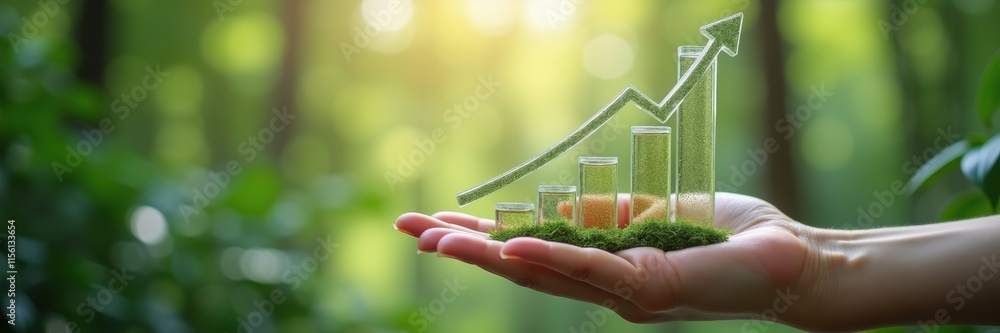A hand holding glass bar charts representing growth and sustainability ...