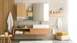 © PixelPlace - Bathroom cabinet storage. A modern, minimalist bathroom featuring natural materials, a stylish sink, and organized storage elements, creating a serene and functional space.