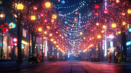 a city street covered in christmas lights and decorations.