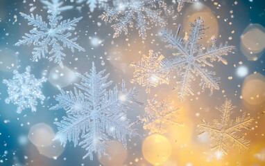 Wall Mural - intricate snowflakes fall against a soft blue and yellow background, creating a winter wonderland.