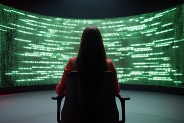 A woman sits in a chair in front of a large green screen with a lot of numbers on it