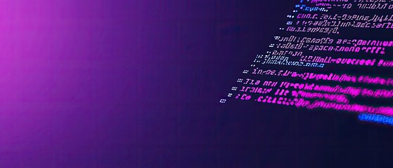 Abstract close-up of programming code on a dark screen with purple and pink hues.