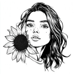 Wall Mural - Illustrative Portrait of a Young Woman with Sunflower Featuring Floral Elements and Artistic Doodle Style for Vintage or Nature Themes