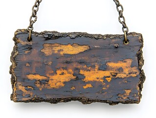 Rustic Wooden Sign with Bark, in Rectangular and Square Shape, Hanging with Chains, on White Background, Abstract Image for Advertising Campaigns, Creatives, Advertisements.